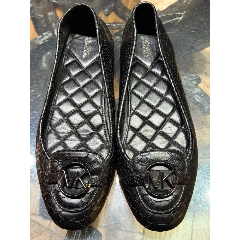 Michael Michael Kors Fulton Moc Black Snakeskin Embossed Leather Flats MK Logo